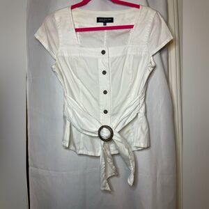 Jones New York White Button-Down Square Neck Women's Top w Tie Belt Size PM